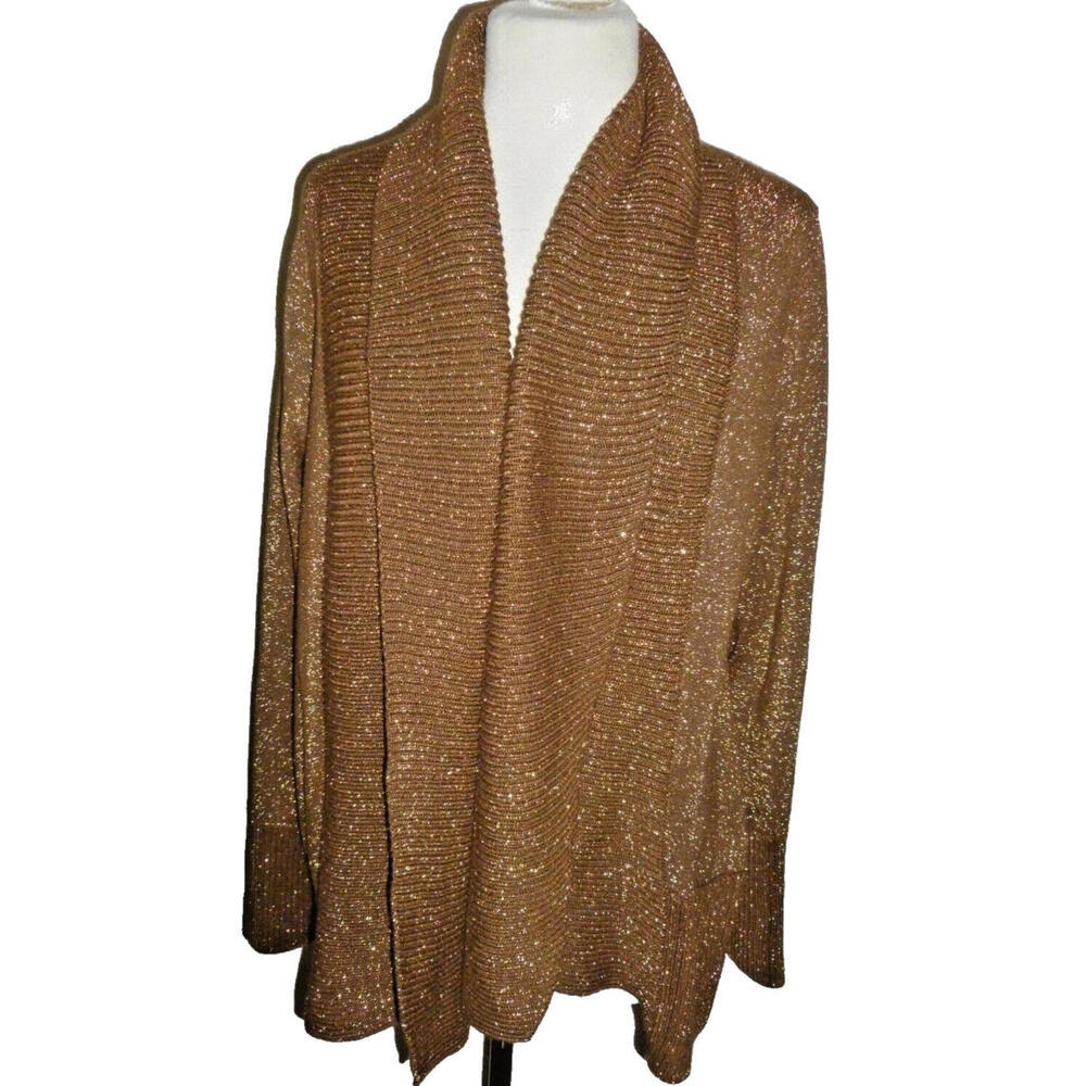 Joan Vass Womens Wrap Open Front Cardigan‎ Sweater Sparkle Brown L Large